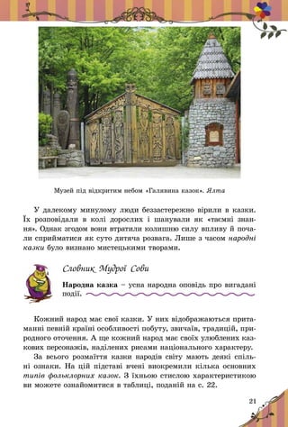 21
У далекому минулому люди беззастережно вірили в казки.
Їх розповідали в  колі дорослих і  шанували як «таємні знан­
ня». Однак згодом вони втратили ко­лиш­ню силу впливу й поча-
ли сприйматися як суто дитяча розвага. Лише з часом народні
казки було визнано мистецькими творами.
Словник Мудрої Сови
Народна казка – усна народна оповідь про вигадані
події.
Кожний народ має свої казки. У них відобража­ються прита-
манні певній країні особ­ливості побуту, звичаїв, традицій, при-
родного оточення. А ще кожний народ має своїх улюблених каз-
кових персонажів, наділених рисами національного характеру.
За всього розмаїття казки народів світу мають деякі спіль-
ні ознаки. На цій підставі вчені ви­окремили кілька основ­них
типів фольклорних казок. З їхньою стислою характеристикою
ви можете ознайомитися в таблиці, поданій на с. 22.
Музей під відкритим небом «Галявина казок». Ялта
 