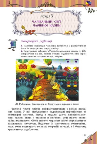 31
РОЗДІЛ 3
ЧАРІВЛИВИЙ СВІТ
ЧАРІВНОЇ КАЗКИ
Літературна розминка
1. Наведіть приклади чарівних предметів і  фантастичних
істот із казок різних народів світу.
2. Перегляньте таблицю «Типи фольклорних казок» (с. 22).
Спираючись на неї, назвіть основні відмінності між чарів­
ними казками та казками про тварин.
Ю. Рудницька. Ілюстрація до білоруських народних казок
Чарівна казка либонь най­фантастичніша з-поміж народ-
них казок. У  ній відбуваються надприродні перевтілення та
неймовірні пригоди, поряд з  людьми діють най­різноманіт­
ніші чарівні сили, а  тварини й  звичайні речі мають незви-
чайні властивості. Отож сю­жети чарівних казок вирізняються
захоп­ливою гостротою. Водночас їм притаманна поетичність,
якою вони завдячують не лише яскравій вигадці, а й багатому
художньому оздобленню.
 