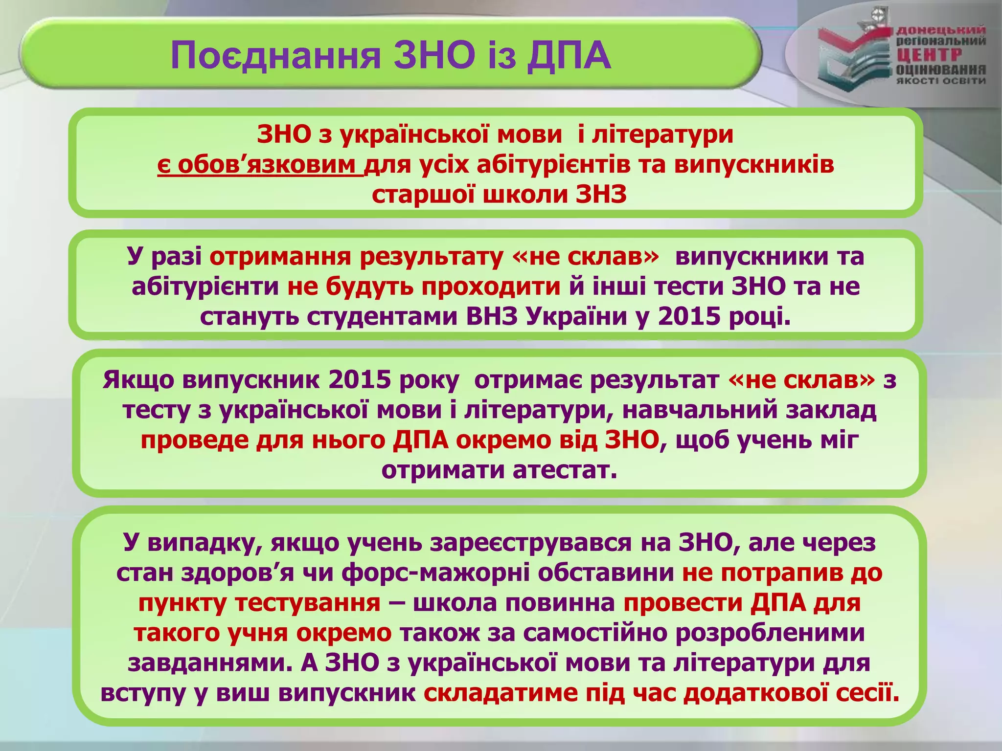 ЗНО з української мови і літератури
є обов’язковим для усіх абітурієнтів та випускників
старшої школи ЗНЗ
У разі отримання результату «не склав» випускники та
абітурієнти не будуть проходити й інші тести ЗНО та не
стануть студентами ВНЗ України у 2015 році.
Поєднання ЗНО із ДПА
Якщо випускник 2015 року отримає результат «не склав» з
тесту з української мови і літератури, навчальний заклад
проведе для нього ДПА окремо від ЗНО, щоб учень міг
отримати атестат.
У випадку, якщо учень зареєструвався на ЗНО, але через
стан здоров’я чи форс-мажорні обставини не потрапив до
пункту тестування – школа повинна провести ДПА для
такого учня окремо також за самостійно розробленими
завданнями. А ЗНО з української мови та літератури для
вступу у виш випускник складатиме під час додаткової сесії.
 