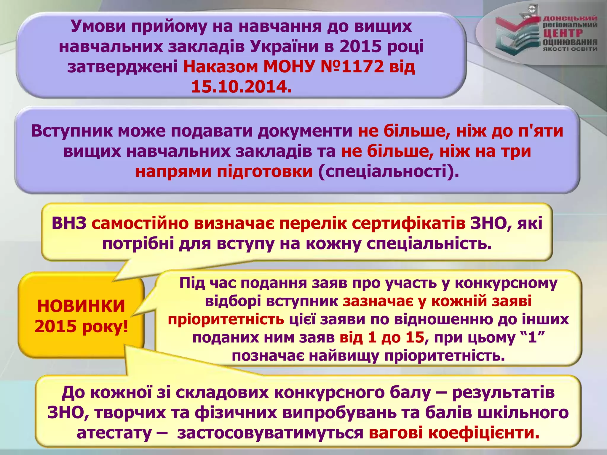 Вступник може подавати документи не більше, ніж до п'яти
вищих навчальних закладів та не більше, ніж на три
напрями підготовки (спеціальності).
Умови прийому на навчання до вищих
навчальних закладів України в 2015 році
затверджені Наказом МОНУ №1172 від
15.10.2014.
НОВИНКИ
2015 року!
ВНЗ самостійно визначає перелік сертифікатів ЗНО, які
потрібні для вступу на кожну спеціальність.
Під час подання заяв про участь у конкурсному
відборі вступник зазначає у кожній заяві
пріоритетність цієї заяви по відношенню до інших
поданих ним заяв від 1 до 15, при цьому “1”
позначає найвищу пріоритетність.
До кожної зі складових конкурсного балу – результатів
ЗНО, творчих та фізичних випробувань та балів шкільного
атестату – застосовуватимуться вагові коефіцієнти.
 