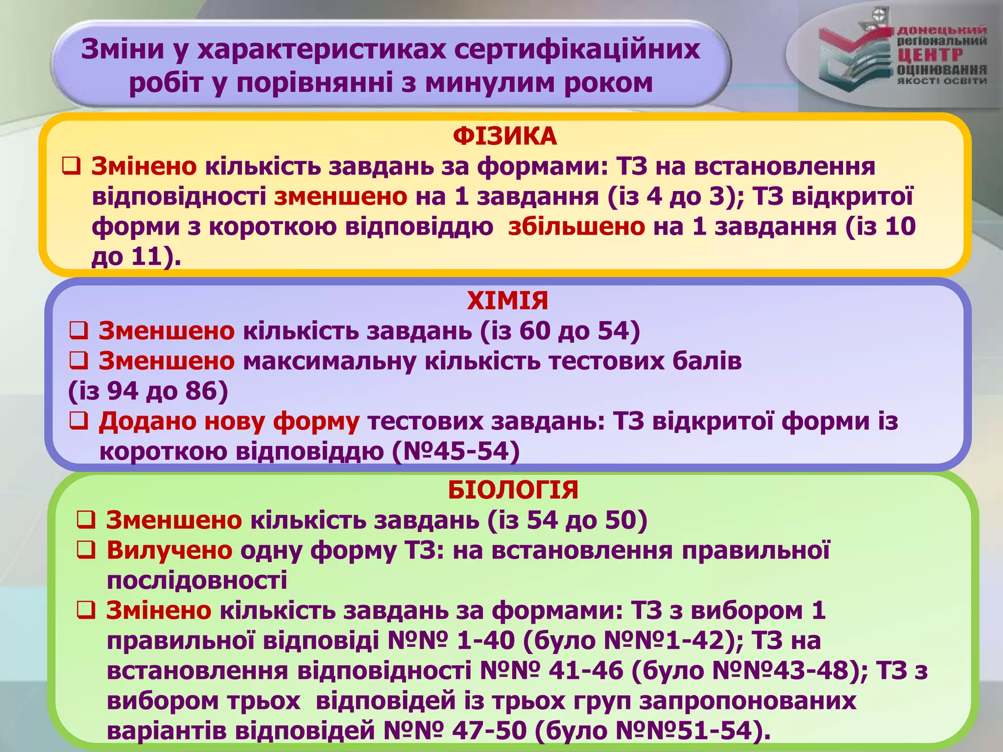 Зміни у характеристиках сертифікаційних
робіт у порівнянні з минулим роком
БІОЛОГІЯ
 Зменшено кількість завдань (із 54 до 50)
 Вилучено одну форму ТЗ: на встановлення правильної
послідовності
 Змінено кількість завдань за формами: ТЗ з вибором 1
правильної відповіді №№ 1-40 (було №№1-42); ТЗ на
встановлення відповідності №№ 41-46 (було №№43-48); ТЗ з
вибором трьох відповідей із трьох груп запропонованих
варіантів відповідей №№ 47-50 (було №№51-54).
ФІЗИКА
 Змінено кількість завдань за формами: ТЗ на встановлення
відповідності зменшено на 1 завдання (із 4 до 3); ТЗ відкритої
форми з короткою відповіддю збільшено на 1 завдання (із 10
до 11).
ХІМІЯ
 Зменшено кількість завдань (із 60 до 54)
 Зменшено максимальну кількість тестових балів
(із 94 до 86)
 Додано нову форму тестових завдань: ТЗ відкритої форми із
короткою відповіддю (№45-54)
 