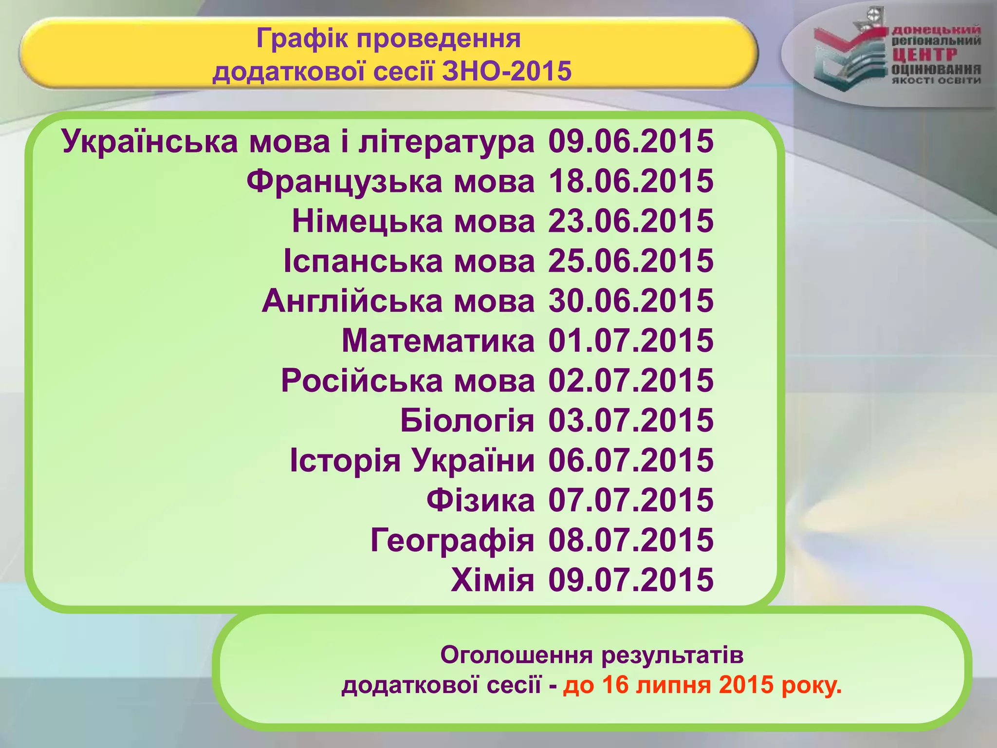 Графік проведення
додаткової сесії ЗНО-2015
Українська мова і література
Французька мова
Німецька мова
Іспанська мова
Англійська мова
Математика
Російська мова
Біологія
Історія України
Фізика
Географія
Хімія
09.06.2015
18.06.2015
23.06.2015
25.06.2015
30.06.2015
01.07.2015
02.07.2015
03.07.2015
06.07.2015
07.07.2015
08.07.2015
09.07.2015
Оголошення результатів
додаткової сесії - до 16 липня 2015 року.
 