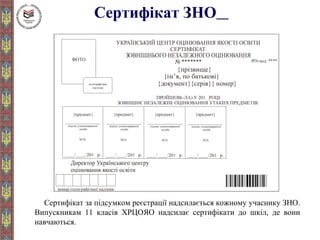 Сертифікат ЗНО
Сертифікат за підсумком реєстрації надсилається кожному учаснику ЗНО.
Випускникам 11 класів ХРЦОЯО надсилає сертифікати до шкіл, де вони
навчаються.
 