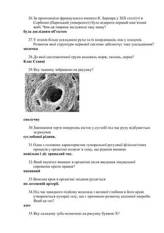 26.За пропозицією французького вченого К. Бернара у ХІХ столітті в
Сорбонні (Паризький університет) було відкрито перший пам’ятник
жабі. Чим ця тварина заслужила таку шану?
була дослідним об’єктом
27.У птахів більш ускладнені рухи та їх координація, ніж у плазунів.
Розвиток якої структури нервової системи забезпечує таке ускладнення?
мозочка
28.До якої систематичної групи належать морж, тюлень, нерпа?
Клас Ссавці
29.Яку тканину зображено на рисунку?
сполучну
30.Зменшення тертя поверхонь кісток у суглобі під час руху відбувається
за рахунок
суглобової рідини.
31.Одна з головних характеристик гуморальної регуляції фізіологічних
процесів у організмі полягає в тому, що реакція виникає
повільно і діє тривалий час.
32.Який імунітет виникає в організмі після введення лікувальної
сироватки проти правця?
пасивний
33.Венозна кров в організмі людини рухається
по легеневій артерії.
34.Під час швидкого підйому водолаза з великої глибини в його крові
утворюються пухирці газу, що є причиною розвитку кесонної хвороби.
Який це газ?
азот
35.Яку складову зуба позначено на рисунку буквою Х?
 