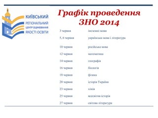 Графік проведення
ЗНО 2014
3 червня

іноземні мови

5, 6 червня

українська мова і література

10 червня

російська мова

...
