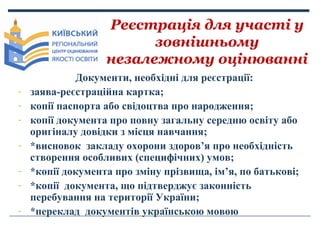 Реєстрація для участі у
зовнішньому
незалежному оцінюванні
-

Документи, необхідні для реєстрації:
заява-реєстраційна карт...