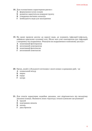 18.	 Для голонасінних характерною рисою є	
А	 формування сухих плодів	
Б	 розвиток заростків на поверхні ґрунту	
В	 утворення насінних зачатків	
Г	 необхідність води для запліднення
19.	 На уроці провели дослід: до краплі води, де плавають інфузорії-туфельки,	
добавили кристалик кухонної солі. Після чого учні спостерігали рух інфузорій	
у напрямку від подразника. Реакцією на подразнення в описаному досліді є	
А	 позитивний фототропізм	
Б	 негативний хемотропізм	
В	 позитивний фототаксис	
Г	 негативний хемотаксис
20.	 Орган, який є в більшості кісткових і якого немає в хрящових риб,– це	
А	 плавальний міхур	
Б	 нирка	
В	 серце	
Г	 шкіра
21.	 Для птахів характерне подвійне дихання, яке відрізняється від механізму	
дихання ссавців. Наявність яких структур у птахів зумовлює цю різницю?	
А	 трахей	
Б	 повітряних мішків	
В	 легень	
Г	 двох бронхів
www.osvita.ua
6
 