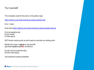 © 2015 PayPal Inc. All rights reserved. Confidential and proprietary. 11
Try it yourself
The complete code for the lab is in the github repo:
https://github.com/node-workshop-sst/sst-weather-lab
$ cd ~/node
$ git clone https://github.com/node-workshop-sst/sst-weather-lab.git
$ cd sst-weather-lab
$ npm install
$ node app.js
SST blocks certain ports so we’ll need to override our koding ports
Modify this code in app.js to use port 80.
app.listen(appEnv.port80, function() {
$ sudo service apache2 stop
$ sudo node app.js
visit aeshanw.koding.io/weather
 