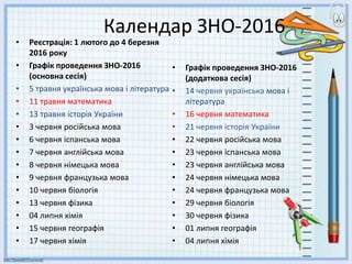 Календар ЗНО-2016
• Реєстрація: 1 лютого до 4 березня
2016 року
• Графік проведення ЗНО-2016
(основна сесія)
• 5 травня українська мова і література
• 11 травня математика
• 13 травня історія України
• 3 червня російська мова
• 6 червня іспанська мова
• 7 червня англійська мова
• 8 червня німецька мова
• 9 червня французька мова
• 10 червня біологія
• 13 червня фізика
• 04 липня хімія
• 15 червня географія
• 17 червня хімія
• Графік проведення ЗНО-2016
(додаткова сесія)
• 14 червня українська мова і
література
• 16 червня математика
• 21 червня історія України
• 22 червня російська мова
• 23 червня іспанська мова
• 23 червня англійська мова
• 24 червня німецька мова
• 24 червня французька мова
• 29 червня біологія
• 30 червня фізика
• 01 липня географія
• 04 липня хімія
 