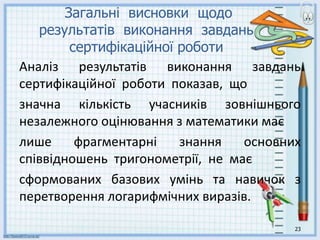 23
Загальні висновки щодо
результатів виконання завдань
сертифікаційної роботи
Аналіз результатів виконання завдань
сертифікаційної роботи показав, що
значна кількість учасників зовнішнього
незалежного оцінювання з математики має
лише фрагментарні знання основних
співвідношень тригонометрії, не має
сформованих базових умінь та навичок з
перетворення логарифмічних виразів.
 