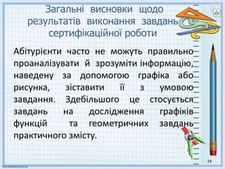 24
Загальні висновки щодо
результатів виконання завдань
сертифікаційної роботи
Абітурієнти часто не можуть правильно
проаналізувати й зрозуміти інформацію,
наведену за допомогою графіка або
рисунка, зіставити її з умовою
завдання. Здебільшого це стосується
завдань на дослідження графіків
функцій та геометричних завдань
практичного змісту.
 