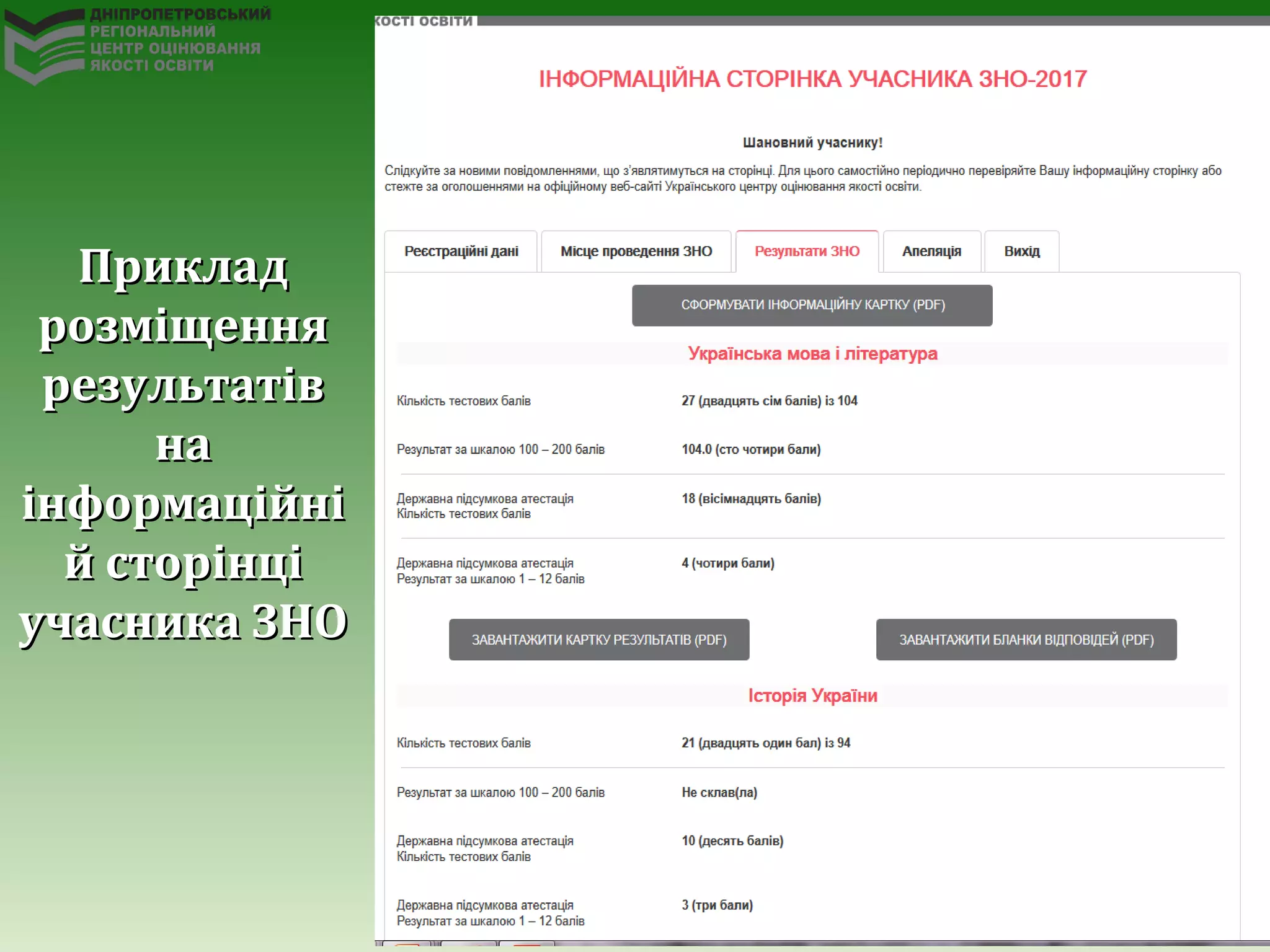 ПрикладПриклад
розміщеннярозміщення
результатіврезультатів
нана
інформаційніінформаційні
й сторінцій сторінці
учасника ЗНОучасника ЗНО
 