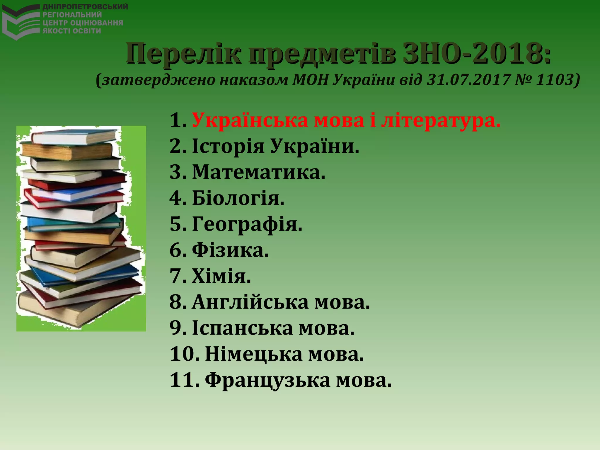 1. Українська мова і література.
2. Історія України.
3. Математика.
4. Біологія.
5. Географія.
6. Фізика.
7. Хімія.
8. Англійська мова.
9. Іспанська мова.
10. Німецька мова.
11. Французька мова.
Перелік предметів ЗНО-201Перелік предметів ЗНО-20188::
(затверджено наказом МОН України від 31.07.2017 № 1103)
 