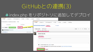 GitHubとの連携(3)
index.php をリポジトリに追加してデプロイ
※手元にクローンせず
ワイルドにリモートに
直接commitします
(良い子は真似しない)
 