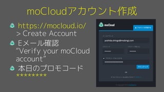 moCloudアカウント作成
https://mocloud.io/
> Create Account
Eメール確認
“Verify your moCloud
account”
本日のプロモコード
********
 