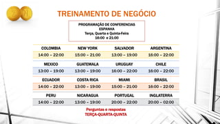 COLOMBIA NEW YORK SALVADOR ARGENTINA
14:00 – 22:00 15:00 – 21:00 13:00 – 19:00 16:00 – 22:00
MEXICO GUATEMALA URUGUAY CHILE
13:00 – 19:00 13:00 – 19:00 16:00 – 22:00 16:00 – 22:00
ECUADOR COSTA RICA MIAMI BRASIL
14:00 – 22:00 13:00 – 19:00 15:00 – 21:00 16:00 – 22:00
PERU NICARAGUA PORTUGAL INGLATERRA
14:00 – 22:00 13:00 – 19:00 20:00 – 22:00 20:00 – 02:00
PROGRAMAÇÃO DE CONFERENCIAS
ESPANHA
Terça, Quarta e Quinta-Feira
16:00 e 21:00
Perguntas e respostas
TERÇA-QUARTA-QUINTA
TREINAMENTO DE NEGÓCIO
 