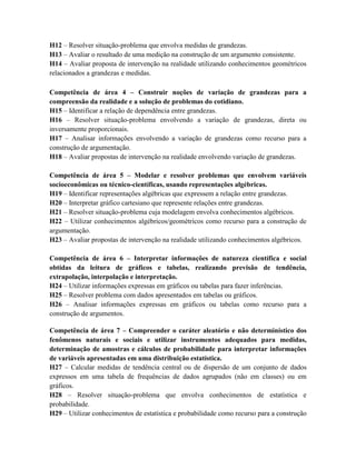 H12 – Resolver situação-problema que envolva medidas de grandezas.
H13 – Avaliar o resultado de uma medição na construção de um argumento consistente.
H14 – Avaliar proposta de intervenção na realidade utilizando conhecimentos geométricos
relacionados a grandezas e medidas.
Competência de área 4 – Construir noções de variação de grandezas para a
compreensão da realidade e a solução de problemas do cotidiano.
H15 – Identificar a relação de dependência entre grandezas.
H16 – Resolver situação-problema envolvendo a variação de grandezas, direta ou
inversamente proporcionais.
H17 – Analisar informações envolvendo a variação de grandezas como recurso para a
construção de argumentação.
H18 – Avaliar propostas de intervenção na realidade envolvendo variação de grandezas.
Competência de área 5 – Modelar e resolver problemas que envolvem variáveis
socioeconômicas ou técnico-científicas, usando representações algébricas.
H19 – Identificar representações algébricas que expressem a relação entre grandezas.
H20 – Interpretar gráfico cartesiano que represente relações entre grandezas.
H21 – Resolver situação-problema cuja modelagem envolva conhecimentos algébricos.
H22 – Utilizar conhecimentos algébricos/geométricos como recurso para a construção de
argumentação.
H23 – Avaliar propostas de intervenção na realidade utilizando conhecimentos algébricos.
Competência de área 6 – Interpretar informações de natureza científica e social
obtidas da leitura de gráficos e tabelas, realizando previsão de tendência,
extrapolação, interpolação e interpretação.
H24 – Utilizar informações expressas em gráficos ou tabelas para fazer inferências.
H25 – Resolver problema com dados apresentados em tabelas ou gráficos.
H26 – Analisar informações expressas em gráficos ou tabelas como recurso para a
construção de argumentos.
Competência de área 7 – Compreender o caráter aleatório e não determinístico dos
fenômenos naturais e sociais e utilizar instrumentos adequados para medidas,
determinação de amostras e cálculos de probabilidade para interpretar informações
de variáveis apresentadas em uma distribuição estatística.
H27 – Calcular medidas de tendência central ou de dispersão de um conjunto de dados
expressos em uma tabela de frequências de dados agrupados (não em classes) ou em
gráficos.
H28 – Resolver situação-problema que envolva conhecimentos de estatística e
probabilidade.
H29 – Utilizar conhecimentos de estatística e probabilidade como recurso para a construção
 