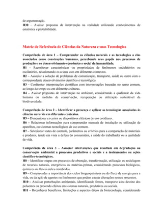 de argumentação.
H30 – Avaliar propostas de intervenção na realidade utilizando conhecimentos de
estatística e probabilidade.
Matriz de Referência de Ciências da Natureza e suas Tecnologias
Competência de área 1 – Compreender as ciências naturais e as tecnologias a elas
associadas como construções humanas, percebendo seus papéis nos processos de
produção e no desenvolvimento econômico e social da humanidade.
H1 – Reconhecer características ou propriedades de fenômenos ondulatórios ou
oscilatórios, relacionando-os a seus usos em diferentes contextos.
H2 – Associar a solução de problemas de comunicação, transporte, saúde ou outro com o
correspondente desenvolvimento científico e tecnológico.
H3 – Confrontar interpretações científicas com interpretações baseadas no senso comum,
ao longo do tempo ou em diferentes culturas.
H4 – Avaliar propostas de intervenção no ambiente, considerando a qualidade da vida
humana ou medidas de conservação, recuperação ou utilização sustentável da
biodiversidade.
Competência de área 2 – Identificar a presença e aplicar as tecnologias associadas às
ciências naturais em diferentes contextos.
H5 – Dimensionar circuitos ou dispositivos elétricos de uso cotidiano.
H6 – Relacionar informações para compreender manuais de instalação ou utilização de
aparelhos, ou sistemas tecnológicos de uso comum.
H7 – Selecionar testes de controle, parâmetros ou critérios para a comparação de materiais
e produtos, tendo em vista a defesa do consumidor, a saúde do trabalhador ou a qualidade
de vida.
Competência de área 3 – Associar intervenções que resultam em degradação ou
conservação ambiental a processos produtivos e sociais e a instrumentos ou ações
científico-tecnológicos.
H8 – Identificar etapas em processos de obtenção, transformação, utilização ou reciclagem
de recursos naturais, energéticos ou matérias-primas, considerando processos biológicos,
químicos ou físicos neles envolvidos.
H9 – Compreender a importância dos ciclos biogeoquímicos ou do fluxo de energia para a
vida, ou da ação de agentes ou fenômenos que podem causar alterações nesses processos.
H10 – Analisar perturbações ambientais, identificando fontes, transporte e/ou destino dos
poluentes ou prevendo efeitos em sistemas naturais, produtivos ou sociais.
H11 – Reconhecer benefícios, limitações e aspectos éticos da biotecnologia, considerando
 