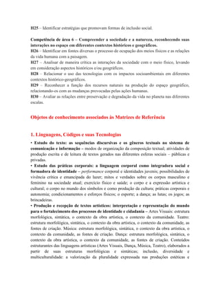 H25 – Identificar estratégias que promovam formas de inclusão social.
Competência de área 6 – Compreender a sociedade e a natureza, reconhecendo suas
interações no espaço em diferentes contextos históricos e geográficos.
H26 – Identificar em fontes diversas o processo de ocupação dos meios físicos e as relações
da vida humana com a paisagem.
H27 – Analisar de maneira crítica as interações da sociedade com o meio físico, levando
em consideração aspectos históricos e/ou geográficos.
H28 – Relacionar o uso das tecnologias com os impactos socioambientais em diferentes
contextos histórico-geográficos.
H29 – Reconhecer a função dos recursos naturais na produção do espaço geográfico,
relacionando-os com as mudanças provocadas pelas ações humanas.
H30 – Avaliar as relações entre preservação e degradação da vida no planeta nas diferentes
escalas.
Objetos de conhecimento associados às Matrizes de Referência
1. Linguagens, Códigos e suas Tecnologias
• Estudo do texto: as sequências discursivas e os gêneros textuais no sistema de
comunicação e informação – modos de organização da composição textual; atividades de
produção escrita e de leitura de textos gerados nas diferentes esferas sociais – públicas e
privadas.
• Estudo das práticas corporais: a linguagem corporal como integradora social e
formadora de identidade – performance corporal e identidades juvenis; possibilidades de
vivência crítica e emancipada do lazer; mitos e verdades sobre os corpos masculino e
feminino na sociedade atual; exercício físico e saúde; o corpo e a expressão artística e
cultural; o corpo no mundo dos símbolos e como produção da cultura; práticas corporais e
autonomia; condicionamentos e esforços físicos; o esporte; a dança; as lutas; os jogos; as
brincadeiras.
• Produção e recepção de textos artísticos: interpretação e representação do mundo
para o fortalecimento dos processos de identidade e cidadania – Artes Visuais: estrutura
morfológica, sintática, o contexto da obra artística, o contexto da comunidade. Teatro:
estrutura morfológica, sintática, o contexto da obra artística, o contexto da comunidade, as
fontes de criação. Música: estrutura morfológica, sintática, o contexto da obra artística, o
contexto da comunidade, as fontes de criação. Dança: estrutura morfológica, sintática, o
contexto da obra artística, o contexto da comunidade, as fontes de criação. Conteúdos
estruturantes das linguagens artísticas (Artes Visuais, Dança, Música, Teatro), elaborados a
partir de suas estruturas morfológicas e sintáticas; inclusão, diversidade e
multiculturalidade: a valorização da pluralidade expressada nas produções estéticas e
 