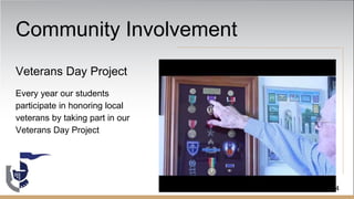 Community Involvement
Veterans Day Project
Every year our students
participate in honoring local
veterans by taking part in our
Veterans Day Project
14
 