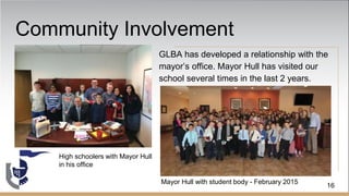 Community Involvement
GLBA has developed a relationship with the
mayor’s office. Mayor Hull has visited our
school several times in the last 2 years.
High schoolers with Mayor Hull
in his office
Mayor Hull with student body - February 2015
16
 