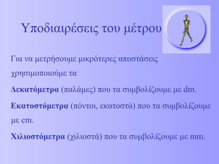 Υποδιαιρέσεις του μέτρου 
Για να μετρήσουμε μικρότερες αποστάσεις 
χρησιμοποιούμε τα 
Δεκατόμετρα (παλάμες) που τα συμβολίζουμε με dm. 
Εκατοστόμετρα (πόντοι, εκατοστά) που τα συμβολίζουμε 
με cm. 
Χιλιοστόμετρα (χιλιοστά) που τα συμβολίζουμε με mm. 
 