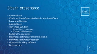 Obsah prezentace
• Automatizace
• Vztahy mezi mateřskou společností a jejími pobočkami
• Procesy a plánování
• Automatizace
• Typy image Windows
• Srovnání thin vs fat image
• Příklady z reálného světa
• Podpora IT a související
• Hardware a software pro klientská zařízení
• Hardware a software pro servery
• Licencování a nákup software
• Dokumentace
3
3
 