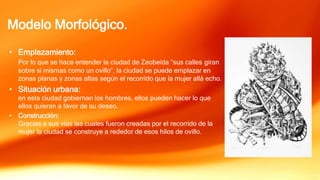 Modelo Morfológico.
• Emplazamiento:
Por lo que se hace entender la ciudad de Zeobeida “sus calles giran
sobre sí mismas como un ovillo”, la ciudad se puede emplazar en
zonas planas y zonas altas según el recorrido que la mujer allá echo.
• Situación urbana:
en esta ciudad gobiernan los hombres, ellos pueden hacer lo que
ellos quieran a favor de su deseo.
• Construcción:
Gracias a sus vías las cuales fueron creadas por el recorrido de la
mujer la ciudad se construye a rededor de esos hilos de ovillo.
 