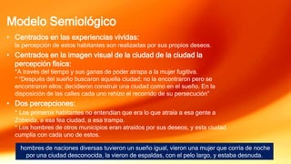 Modelo Semiológico
• Centrados en las experiencias vividas:
la percepción de estos habitantes son realizadas por sus propios deseos.
• Centrados en la imagen visual de la ciudad de la ciudad la
percepción física:
*A través del tiempo y sus ganas de poder atrapa a la mujer fugitiva.
* “Después del sueño buscaron aquella ciudad; no la encontraron pero se
encontraron ellos; decidieron construir una ciudad como en el sueño. En la
disposición de las calles cada uno rehízo el recorrido de su persecución”
• Dos percepciones:
* Los primeros habitantes no entendían que era lo que atraía a esa gente a
Zobeida, a esa fea ciudad, a esa trampa.
* Los hombres de otros municipios eran atraídos por sus deseos, y esta ciudad
cumplía con cada uno de estos.
hombres de naciones diversas tuvieron un sueño igual, vieron una mujer que corría de noche
por una ciudad desconocida, la vieron de espaldas, con el pelo largo, y estaba desnuda.
 