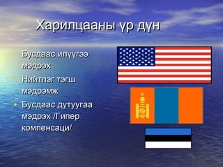 Харилцааны үр дүн Бусдаас илүүгээ мэдрэх Нийтлэг тэгш мэдрэмж Бусдаас дутуугаа мэдрэх /Гипер компенсаци/ 