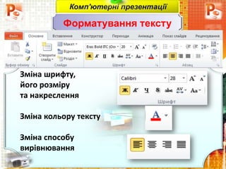 Зміна шрифту,
його розміру
та накреслення
Зміна кольору тексту
Зміна способу
вирівнювання
Комп'ютерні презентації
Форматування тексту
 