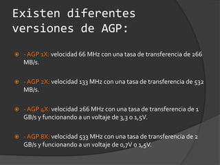 Existen diferentes versiones de AGP:- AGP 1X: velocidad 66 MHz con una tasa de transferencia de 266 MB/s. - AGP 2X: velocidad 133 MHz con una tasa de transferencia de 532 MB/s.- AGP 4X: velocidad 266 MHz con una tasa de transferencia de 1 GB/s y funcionando a un voltaje de 3,3 o 1,5V.- AGP 8X: velocidad 533 MHz con una tasa de transferencia de 2 GB/s y funcionando a un voltaje de 0,7V o 1,5V. 