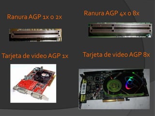 Ranura AGP 4x o 8xRanura AGP 1x o 2xTarjeta de video AGP 8xTarjeta de video AGP 1x