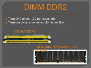 DIMM DDRDDR (Doble Data Race)Zócalo de 184 pines, 92 de cada lado. Soporta una capacidad de 1Gb.Tiene un corte , no tiene color especifico.ZÓCALO DDRMEMORIA RAM DIMM-DDR-SDRAM