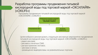 Разработка программы продвижения питьевой
кислородной воды под торговой маркой «ОКСИЛАЙФ»
(«OXILIFE»)
Продвижение питьевой кислородной
воды под торговой маркой
«ОКСИЛАЙФ» («OXILIFE»)
Стимулирование сбыта Рекламное
продвижение
Программа продвижения питьевой кислородной воды под торговой маркой
«ОКСИЛАЙФ» («OXILIFE»)
Целесообразно рекомендовать следующие рекламные мероприятия продвижения
питьевой кислородной воды под торговой маркой «ОКСИЛАЙФ» («OXILIFE»):
- радио-реклама;
- реклама в печатных СМИ;
- распространение листовок;
- реклама в метро;
- размещение видеорекламы на развлекательных порталах.
 