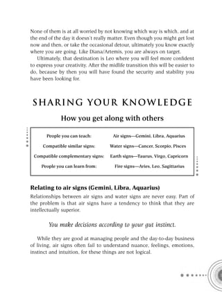 None of them is at all worried by not knowing which way is which, and at
the end of the day it doesn’t really matter. Even though you might get lost
now and then, or take the occasional detour, ultimately you know exactly
where you are going. Like Diana/Artemis, you are always on target.
   Ultimately, that destination is Leo where you will feel more conﬁdent
to express your creativity. After the midlife transition this will be easier to
do, because by then you will have found the security and stability you
have been looking for.



S HA RI NG YOU R K NO W L E D G E
              How you get along with others

       People you can teach:           Air signs—Gemini, Libra, Aquarius

      Compatible similar signs:       Water signs—Cancer, Scorpio, Pisces

 Compatible complementary signs:      Earth signs—Taurus, Virgo, Capricorn

     People you can learn from:         Fire signs—Aries, Leo, Sagittarius



Relating to air signs (Gemini, Libra, Aquarius)
Relationships between air signs and water signs are never easy. Part of
the problem is that air signs have a tendency to think that they are
intellectually superior.

        You make decisions according to your gut instinct.

   While they are good at managing people and the day-to-day business
of living, air signs often fail to understand nuance, feelings, emotions,
instinct and intuition, for these things are not logical.
 