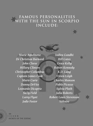 FA MOUS PERSONALITIES
      W I TH THE S U N IN S C OR PIO
               I NCLU DE :




         Marie Antoinette        Indira Gandhi
      Dr Christian Barnard          Bill Gates
           John Cleese             Grace Kelly
         Hillary Clinton        Robert Kennedy
      Christopher Columbus          K.D. Lang
       Captain James Cook         Vivien Leigh
           Marie Curie          Charles Manson
          Danny DeVito           Pablo Picasso
        Leonardo Dicaprio         Sylvia Plath
            Sally Field           Julia Roberts
           Larry Flynt       Robert Louis Stevenson
           Jodie Foster              Voltaire


180

SECRETS OF THE ZODIAC
         F
 