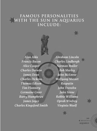 FA MOUS PERSONALITIES
W I T H THE S U N IN AQ UAR IU S
           I NCLU DE :




       Alan Alda          Abraham Lincoln
     Francis Bacon        Charles Lindbergh
      Alice Cooper         Norman Mailer
    Charles Darwin           Bob Marley
      James Dean            John McEnroe
    Charles Dickens       Wolfgang Mozart
    Thomas Edison              Rasputin
     Tim Flannery           John Travolta
    Germaine Greer            Jules Verne
   Barry Humphries         Robbie Williams
      James Joyce          Oprah Winfrey
Charles Kingsford Smith     Virginia Woolf


                                                   249

                                              AQUARIUS
 