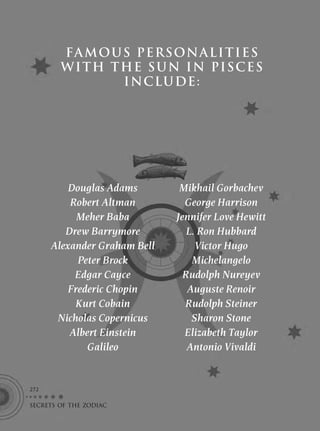 FA MOUS PERSONALITIES
        W I T H THE S U N IN PIS C E S
                 I NCLU DE :




          Douglas Adams        Mikhail Gorbachev
          Robert Altman         George Harrison
            Meher Baba        Jennifer Love Hewitt
         Drew Barrymore          L. Ron Hubbard
      Alexander Graham Bell        Victor Hugo
            Peter Brock           Michelangelo
           Edgar Cayce          Rudolph Nureyev
          Frederic Chopin        Auguste Renoir
            Kurt Cobain         Rudolph Steiner
       Nicholas Copernicus        Sharon Stone
          Albert Einstein       Elizabeth Taylor
              Galileo            Antonio Vivaldi


272

SECRETS OF THE ZODIAC
         F
 