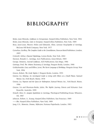 BIBLIOGRAPHY


Bolen, Jean Shinoda, Goddesses in Everywoman, HarperCollins Publishers, New York, 1984
Bolen, Jean Shinoda, Gods in Everyman, HarperCollins Publishers, New York, 1989
Brau, Jean-Louis, Weaver, Helen and Edmands, Allan, Larousse Encyclopedia of Astrology,
    McGraw Hill Book Company, New York, 1977
Cornelius, Geoffrey, The Complete Guide to the Constellations, Duncan Baird Publishers, London,
    2005
Cotterell, Arthur, Classical Mythology, Lorenz Books, New York, 2002
Davison, Ronald, C., Astrology, Acro Publications, Great Britain, 1969
George, Demetra, Asteroid Goddesses, ACS Publications, San Diego, 1986
Gettings, Fred, The Arkana Dictionary of Astrology, Penguin Books, London, 1990
Goldschneider, Gary and Elffers, Joost, The Secret Language of Birthdays, Penguin Group, New
    York, 1994
Graves, Robert, The Greek Myths:1, Penguin Books, London, 1955
Greene, Liz, Relating; An Astrological Guide to Living with Others on a Small Planet, Samuel
    Weiser, Inc.,York Beach, Maine, 1978
Greene, Liz, Neptune and the Quest for Redemption, Samuel Weiser, Inc., York Beach, Maine,
    1996
Greene, Liz and Sharman-Burke, Juliet, The Mythic Journey, Simon and Schuster, East
    Roseville, Australia, 1999
Howell, Alice, O., Jungian Symbolism in Astrology, Theological Publishing House, Wheaton,
    UK, 1987
Johnson, Robert, A., Ecstasy, HarperCollins Publishers, San Francisco, 1989
——She, HarperCollins Publishers, New York, 1989
Jung, C.G., Memories, Dreams, Reflections, Fontana Paperbacks, London, 1983




                                                                                   BIB
 