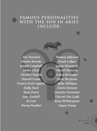 FA MOUS PERSONALITIES
 W I TH THE S U N IN AR IE S
         I NCLU DE :




    Alec Baldwin        Thomas Jefferson
   Marlon Brando          Heath Ledger
  Joseph Campbell       Jayne Mansfield
     Jackie Chan        Marcel Marceau
  Charlie Chaplin       Ewan McGregor
   Russell Crowe         Steve McQueen
Francis Ford Coppola     Spike Milligan
     Daffy Duck          Gloria Steinem
     Bette Davis       Quentin Tarantino
    Jane Goodall       Vincent Van Gogh
       Al Gore         Reese Witherspoon
   Harry Houdini          Angus Young


                                              21

                                           ARIES
 