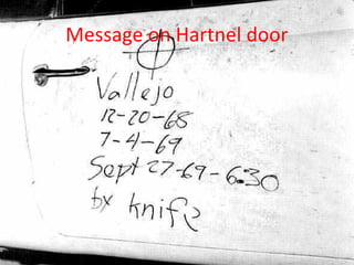 Crime Scene From One Case
• Use a poster board to show where evidence is
  placed.
• Use Triangulation and Baseline measurements
  to show how math is used to recreate crimes
• Use polar coordinates to show where
  evidence is placed.
 