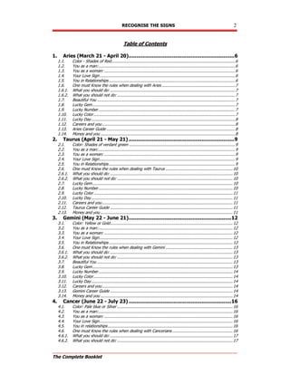 RECOGNISE THE SIGNS 2
The Complete Booklet
Table of Contents
1. Aries (March 21 - April 20)....................................................................6
1.1. Color - Shades of Red.........................................................................................................6
1.2. You as a man:....................................................................................................................6
1.3. You as a woman: ...............................................................................................................6
1.4. Your Love Sign...................................................................................................................6
1.5. You in Relationships ...........................................................................................................6
1.6. One must Know the rules when dealing with Aries ..............................................................7
1.6.1. What you should do: ..........................................................................................................7
1.6.2. What you should not do: ....................................................................................................7
1.7. Beautiful You .....................................................................................................................7
1.8. Lucky Gem.........................................................................................................................7
1.9. Lucky Number....................................................................................................................7
1.10. Lucky Color........................................................................................................................7
1.11. Lucky Day..........................................................................................................................8
1.12. Careers and you.................................................................................................................8
1.13. Aries Career Guide .............................................................................................................8
1.14. Money and you ..................................................................................................................8
2. Taurus (April 21 - May 21) ....................................................................9
2.1. Color: Shades of verdant green ..........................................................................................9
2.2. You as a man:....................................................................................................................9
2.3. You as a woman: ...............................................................................................................9
2.4. Your Love Sign...................................................................................................................9
2.5. You in Relationships ...........................................................................................................9
2.6. One must Know the rules when dealing with Taurus .........................................................10
2.6.1. What you should do: ........................................................................................................10
2.6.2. What you should not do: ..................................................................................................10
2.7. Lucky Gem.......................................................................................................................10
2.8. Lucky Number..................................................................................................................10
2.9. Lucky Color......................................................................................................................11
2.10. Lucky Day........................................................................................................................11
2.11. Careers and you...............................................................................................................11
2.12. Taurus Career Guide ........................................................................................................11
2.13. Money and you ................................................................................................................11
3. Gemini (May 22 - June 21)..................................................................12
3.1. Color: Yellow or Gold........................................................................................................12
3.2. You as a man:..................................................................................................................12
3.3. You as a woman: .............................................................................................................12
3.4. Your Love Sign.................................................................................................................12
3.5. You in Relationships .........................................................................................................12
3.6. One must Know the rules when dealing with Gemini .........................................................13
3.6.1. What you should do: ........................................................................................................13
3.6.2. What you should not do: ..................................................................................................13
3.7. Beautiful You ...................................................................................................................13
3.8. Lucky Gem.......................................................................................................................13
3.9. Lucky Number..................................................................................................................14
3.10. Lucky Color......................................................................................................................14
3.11. Lucky Day........................................................................................................................14
3.12. Careers and you...............................................................................................................14
3.13. Gemini Career Guide ........................................................................................................14
3.14. Money and you ................................................................................................................14
4. Cancer (June 22 - July 23) ..................................................................16
4.1. Color: Pale blue or Silver ..................................................................................................16
4.2. You as a man:..................................................................................................................16
4.3. You as a woman: .............................................................................................................16
4.4. Your Love Sign.................................................................................................................16
4.5. You in relationships..........................................................................................................16
4.6. One must Know the rules when dealing with Cancerians ...................................................16
4.6.1. What you should do: ........................................................................................................17
4.6.2. What you should not do: ..................................................................................................17
 