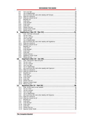 RECOGNISE THE SIGNS 4
The Complete Booklet
8.4. Your Love Sign.................................................................................................................28
8.5. You in Relationships .........................................................................................................28
8.6. One must Know the rules when dealing with Scorpio.........................................................28
8.6.1. What you should do: ........................................................................................................29
8.6.2. What you should not do: ..................................................................................................29
8.7. Beautiful You ...................................................................................................................29
8.8. Lucky Gem.......................................................................................................................29
8.9. Lucky Number..................................................................................................................29
8.10. Lucky Color......................................................................................................................29
8.11. Lucky Day........................................................................................................................29
8.12. Careers and you...............................................................................................................30
8.13. Scorpio Career Guide........................................................................................................30
8.14. Money and you ................................................................................................................30
9. Sagittarius ( Nov 23 - Dec 21) ............................................................31
9.1. Color: Dark blue and purple..............................................................................................31
9.2. You as a man:..................................................................................................................31
9.3. You as a woman: .............................................................................................................31
9.4. Your Love Sign.................................................................................................................31
9.5. You in Relationships .........................................................................................................31
9.6. One must Know the rules when dealing with Sagittarius....................................................32
9.6.1. What you should do: ........................................................................................................32
9.6.2. What you should not do: ..................................................................................................32
9.7. Beautiful You ...................................................................................................................32
9.8. Lucky Gem.......................................................................................................................32
9.9. Lucky Number..................................................................................................................32
9.10. Lucky Color......................................................................................................................33
9.11. Lucky Day........................................................................................................................33
9.12. Careers and you...............................................................................................................33
9.13. Sagittarius Career Guide...................................................................................................33
9.14. Money and you ................................................................................................................33
10. Capricorn (Dec 22 - Jan 20).............................................................35
10.1. Color: Dark brown, black and grey....................................................................................35
10.2. You as a man:..................................................................................................................35
10.3. You as a woman: .............................................................................................................35
10.4. Your Love Sign.................................................................................................................35
10.5. You in relationships..........................................................................................................35
10.6. One must Know the rules when dealing with Capricorn .....................................................36
10.6.1. What you should do: ........................................................................................................36
10.6.2. What you should not do: ..................................................................................................36
10.7. Beautiful you....................................................................................................................36
10.8. Lucky Gem.......................................................................................................................36
10.9. Lucky Number..................................................................................................................36
10.10. Lucky Color......................................................................................................................36
10.11. Lucky Day........................................................................................................................37
10.12. Careers and you...............................................................................................................37
10.13. Capricorn Career Guide ....................................................................................................37
10.14. Money and you ................................................................................................................37
11. Aquarius (Jan 21 - Feb 19) ..............................................................38
11.1. Color: All the colors of the rainbow ...................................................................................38
11.2. You as a man:..................................................................................................................38
11.3. You as a woman: .............................................................................................................38
11.4. Your Love Sign.................................................................................................................38
11.5. You in relationships..........................................................................................................38
11.6. One must Know the rules when dealing with Aquarius.......................................................39
11.6.1. What you should do: ........................................................................................................39
11.6.2. What you should not do: ..................................................................................................39
11.7. Beautiful you....................................................................................................................39
11.8. Lucky Gem.......................................................................................................................39
11.9. Lucky Number..................................................................................................................39
11.10. Lucky Color......................................................................................................................39
11.11. Lucky Day........................................................................................................................40
11.12. Careers and you...............................................................................................................40
11.13. Aquarius Career Guide......................................................................................................40
 