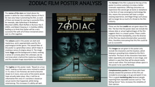 ZODIAC FILM POSTER ANALYSIS
These are the few credits we are given about this
film. The fact that the poster does not include the
release date or actual tagline/slogan of the film
suggests that it is a teaser poster. These credits
increase the films bankability, since the director
of this film has clearly directed other successful
films, therefore insinuating that this film could be
just as successful.
The names of the stars are listed above the
poster in white for clear visibility. Names of the A
list stars also help in promoting the film, as each
of them are known for starring in successful films,
for example, Jake Gyllenhaal in Brokeback
Mountain (2005), Mark Ruffalo in Rumour Has It
(2005), and Robert Downey Jr. in Gothika (2003),
leading us to think that Zodiac will be a very
successful film with all of these renowned actors
cast in a film together.
The images we are given in this poster only
include the characters and the location, which
helping in providing hints related to this film’s
narrative. The faces of the characters have been
taken separately and compiles in one image, and
edited in a way that they will be placed neatly
next to each other. This technique allows space in
the poster to be used effectively.
The tagline on this poster reads: “Based on a true
story” making us feel even more inclined to watch
it- if a story is non-fictional, we tend to become
drawn to it more, since some of the events would
have actually taken place. Also, it will be an
informative film since it’s narrative is based on
actual events that happened, whilst being
entertaining. This increases it’s ability sell well.
Complementary quotes from those who have
already viewed the premiere of this film are
included to encourage us to go and watch it too.
This is a good marketing ploy because people
reporting from reputable sources such as “The
Rolling Stones” here, increases the reliability of
their opinion.
The colours used in this poster are dark and
mysterious, and is appropriately used for this
psychological thriller genre. The overall filter of
the poster is a green/blue colour, which helps in
creating a sense of enigma about it. The image
looks foggy and the background is black, evoking
a sense of curiosity about the unknown; we do
not know what is behind the mysterious bridge,
and the clouded image exacerbates our interest.
The format of the film is placed at the top of the
poster to entice customers to enjoy a better
cinematic experience. Offering consumers an
experience the cannot get at home or elsewhere
in the form of new convergence technology like
this, means the consumer will have a unique
viewing experience, and illegal things such piracy
will no longer be as much of a threat to the film
industry.
 