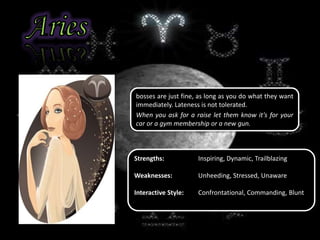 bosses are just fine, as long as you do what they want
immediately. Lateness is not tolerated.
When you ask for a raise let them know it's for your
car or a gym membership or a new gun.
Strengths: Inspiring, Dynamic, Trailblazing
Weaknesses: Unheeding, Stressed, Unaware
Interactive Style: Confrontational, Commanding, Blunt
 