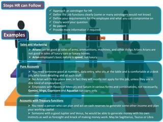  Approach an astrologer for HR
 Define the job functions clearly (some or many astrologers would not know)
 Define your requirements for the employee and what you can compromise on
 Clearly word your question
 Be patient
 Provide more information if required
Sales and Marketing
 Arians can be good at sales of arms, ammunitions, machines, and other things Arians Arians are
not good in sales of luxury cars or luxury homes.
 Arian employee’s basic nature is speed, not luxury.
Pure Accounts
 You need someone good at numbers, data entry, who sits at the table and is comfortable at a desk
job, who loves detailing and all such stuff.
 No Arian will fit this place ever, in fact they will mostly not apply for this job, unless they are in
dire need of employment.
 Employees with flavors of Mercury and Saturn in various forms and combinations, not necessarily,
Gemini, Virgo, Capricorn and Aquarius sun signs only.
Accounts with Treasury functions
 You need a person who can plan and act on cash reserves to generate some other income and plan
your working capital
 Someone with a good Jupiter and Venus, he would be able to generate money with his own
instincts as well as foresight and knack of making money work. May be Sagittarius, Taurus or Libra
Examples
Steps HR can Follow
 