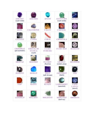 AMETIST            AMETRIN      APATIT          AVENTURIN            AZURIT
 (cuart violet)                                   (cuart verde)




   BERIL           CALCEDONIE    CALCIT           CARNEOL             CAROIT




 CELESTIT            CITRIN       CORAL          CRISOCOLA           CRISOLIT




CRISOPRAZ          CRISTAL DE    CUART           CUART ROZ           DIAMANT
(jad australian)    STANCA      FUMURIU
                      (cuart)




 DIOPTAZ            DOLOMIT     FLUORIT            GRANAT            HELIODOR
                                  (fluorina)      (rodolit, pirop)




 HEMATIT             HOWLIT        IOLIT         JAD/JADEIT            JAIS
                                (safir de apa)        (Nefrit)




    JASP             KIANIT      KUNZIT          LABRADORIT           LAPIS
                                                   (spectrolit)      LAZULI
                                                                      (lazurit)




LEPIDOLIT           MALAHIT     MOLDAVIT         MORGANIT            OBSIDIAN
                                                    (beril roz)
 