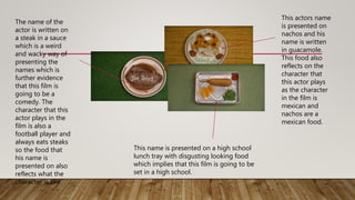 The name of the
actor is written on
a steak in a sauce
which is a weird
and wacky way of
presenting the
names which is
further evidence
that this film is
going to be a
comedy. The
character that this
actor plays in the
film is also a
football player and
always eats steaks
so the food that
his name is
presented on also
reflects what the
character is like.
This actors name
is presented on
nachos and his
name is written
in guacamole.
This food also
reflects on the
character that
this actor plays
as the character
in the film is
mexican and
nachos are a
mexican food.
This name is presented on a high school
lunch tray with disgusting looking food
which implies that this film is going to be
set in a high school.
 