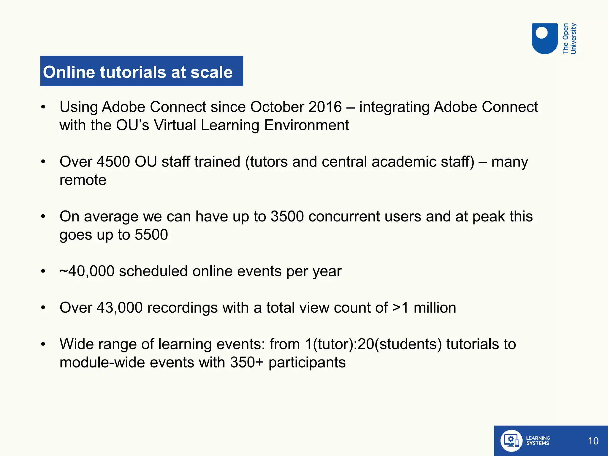 Online tutorials at scale
10
• Using Adobe Connect since October 2016 – integrating Adobe Connect
with the OU’s Virtual Learning Environment
• Over 4500 OU staff trained (tutors and central academic staff) – many
remote
• On average we can have up to 3500 concurrent users and at peak this
goes up to 5500
• ~40,000 scheduled online events per year
• Over 43,000 recordings with a total view count of >1 million
• Wide range of learning events: from 1(tutor):20(students) tutorials to
module-wide events with 350+ participants
 